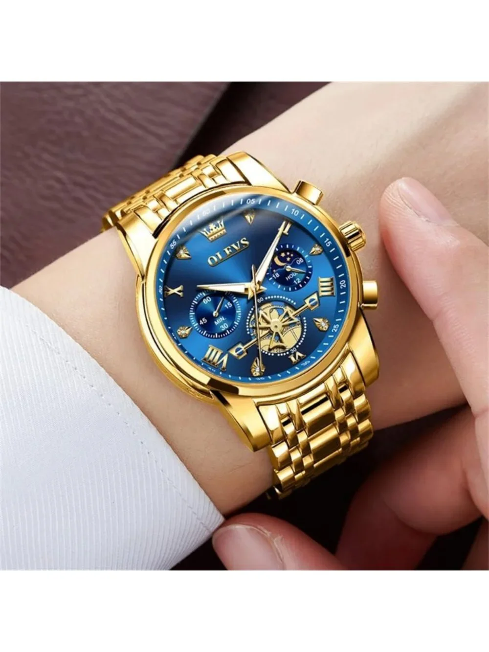 Men's Gold-Blue Stainless Steel Waterproof Big Face Multifunction Wrist Watch